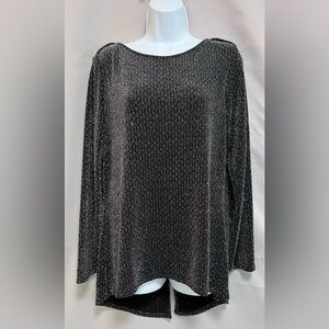 Calvin Klein Jeans Womens Top Blouse Black Silver Metallic Long Sleeve Sz Medium